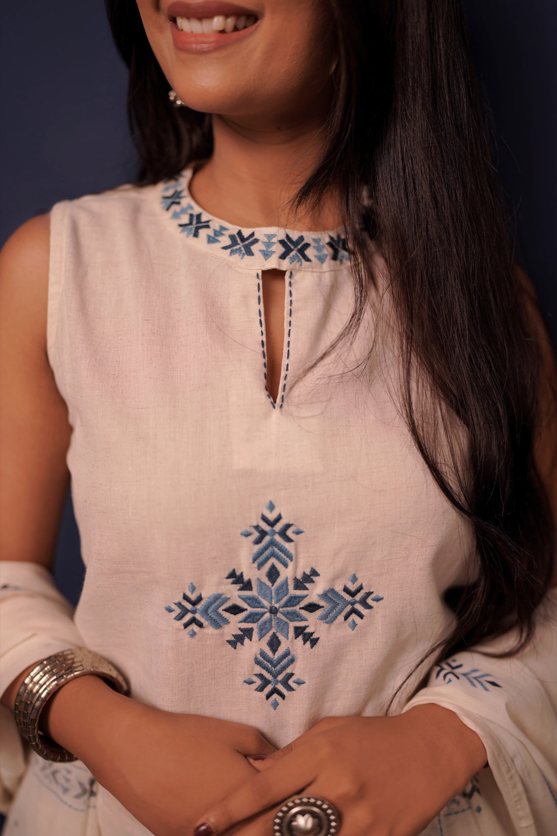 Ivory Blue Embroidered Kurta Set with Printed Dupatta